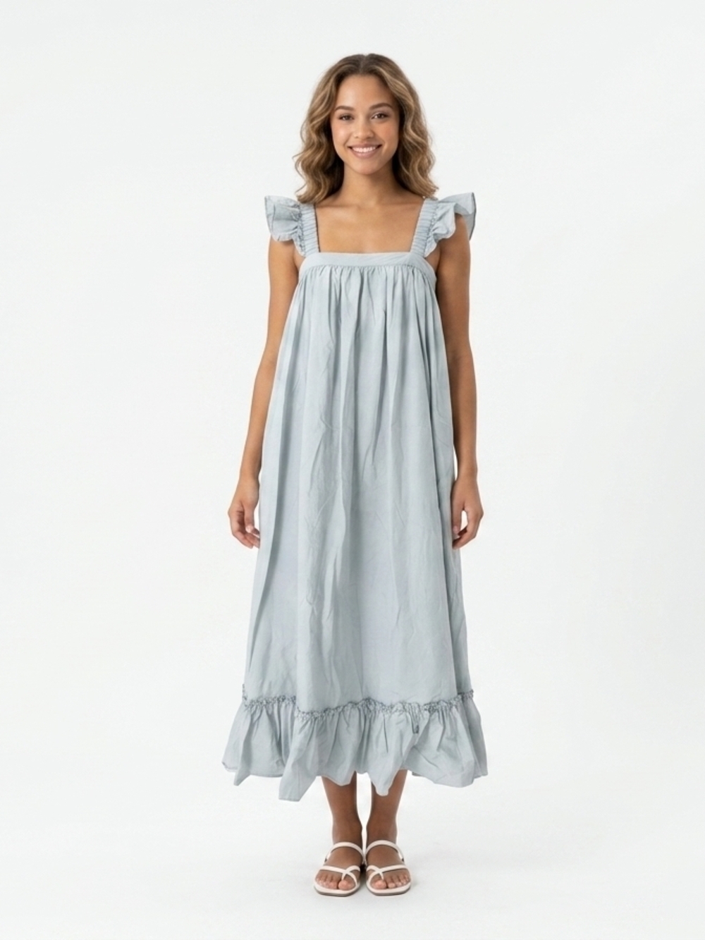 MARBLE Pale Blue Ruffle-Shoulder Maxi Dress